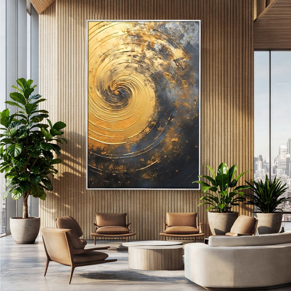 Tablou canvas cu pictura abstracta cu spirala aurie, in rama de aluminiu argintiu, pe perete intr-un birou